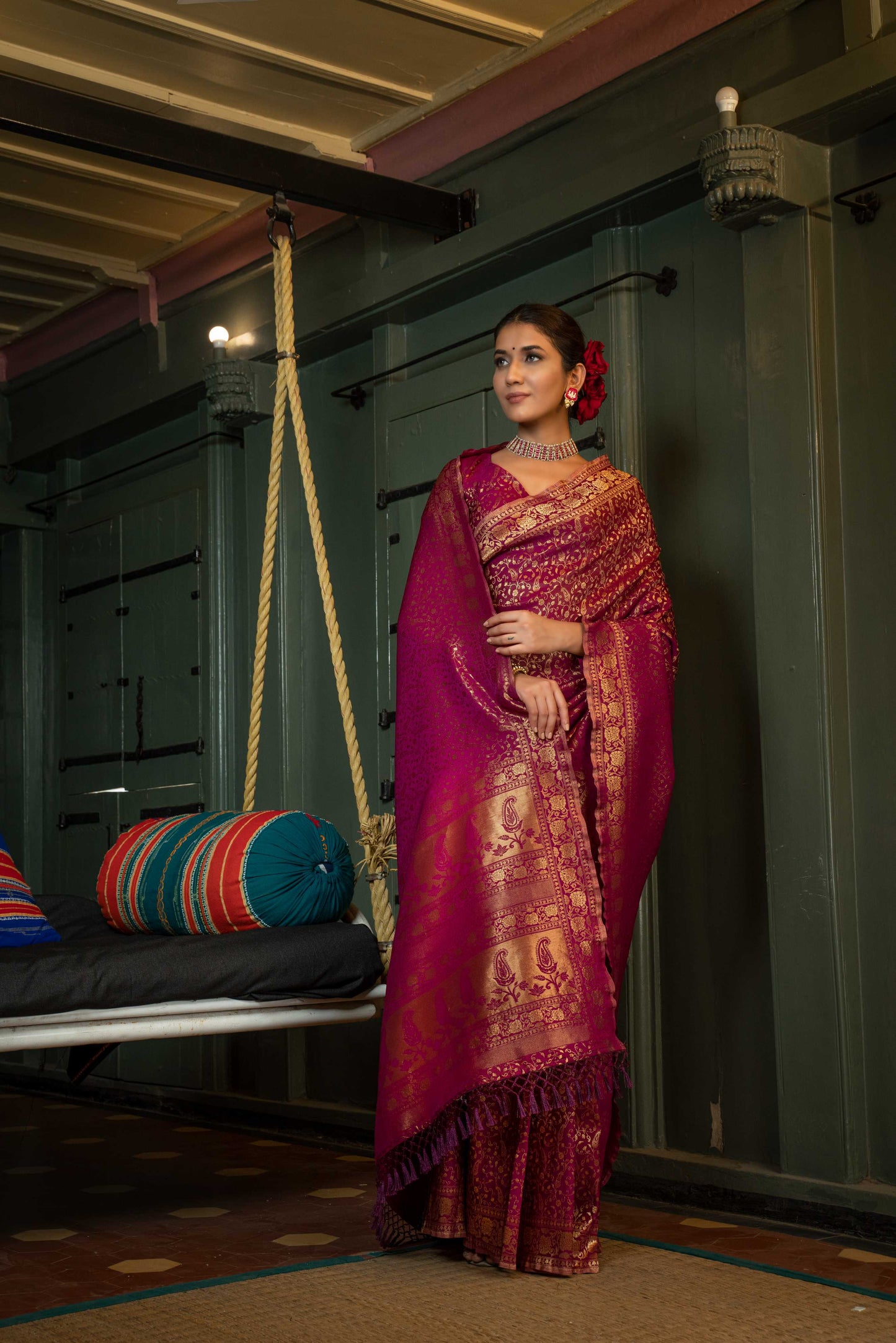 Vardha Wine Purple Golden Zari Banarasi Satin Silk Saree | Swadesiicart