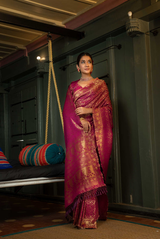 Vardha Wine Purple Golden Zari Banarasi Satin Silk Saree | Swadesiicart