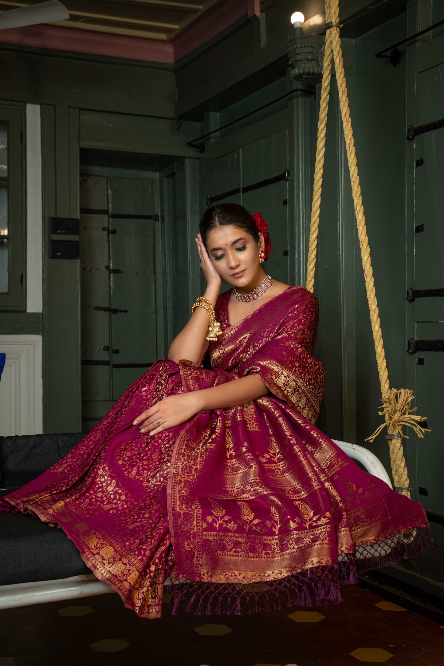 Vardha Wine Purple Golden Zari Banarasi Satin Silk Saree | Swadesiicart