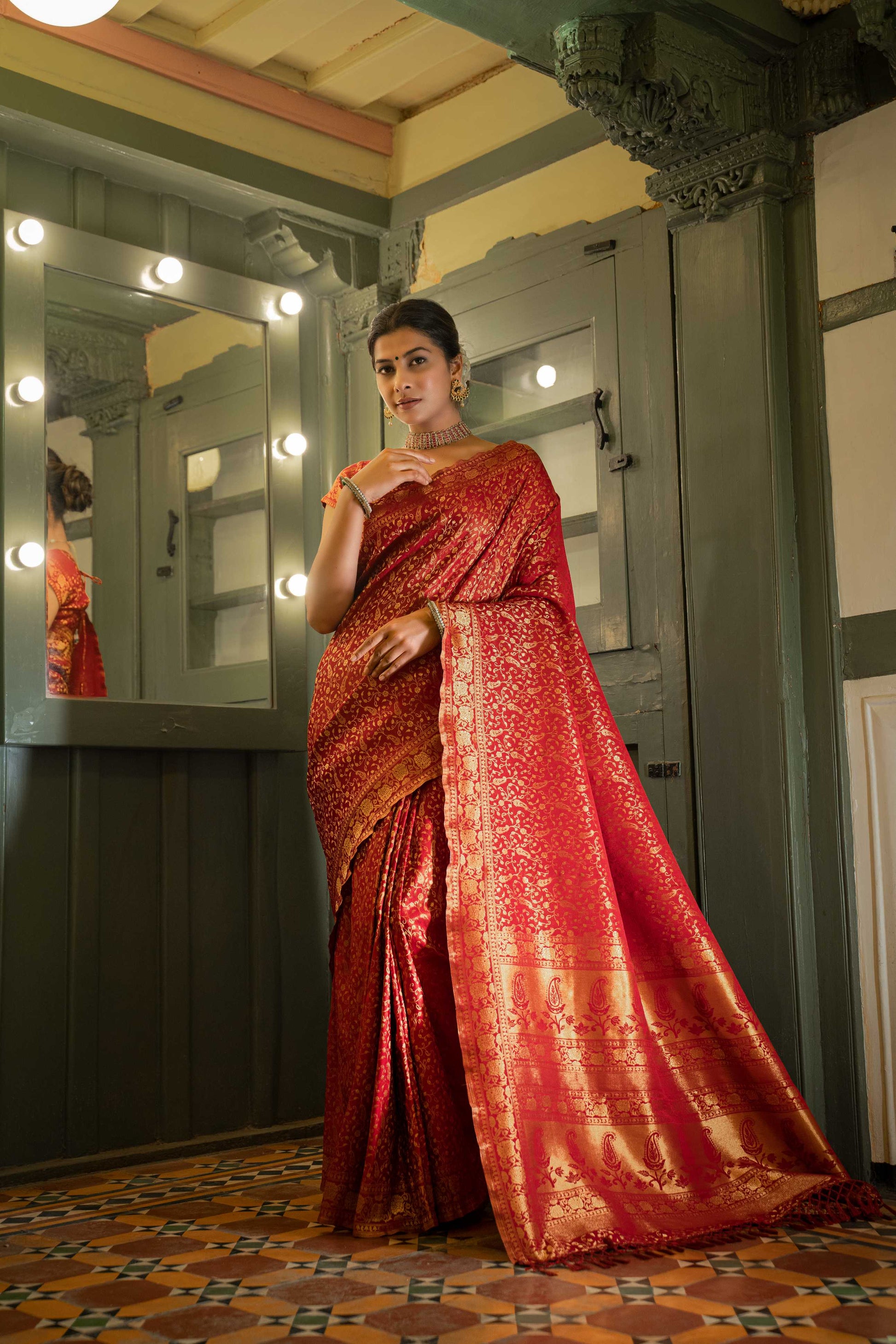 Vardha Maroon Red Golden Zari Banarasi Satin Silk Saree | Swadesiicart