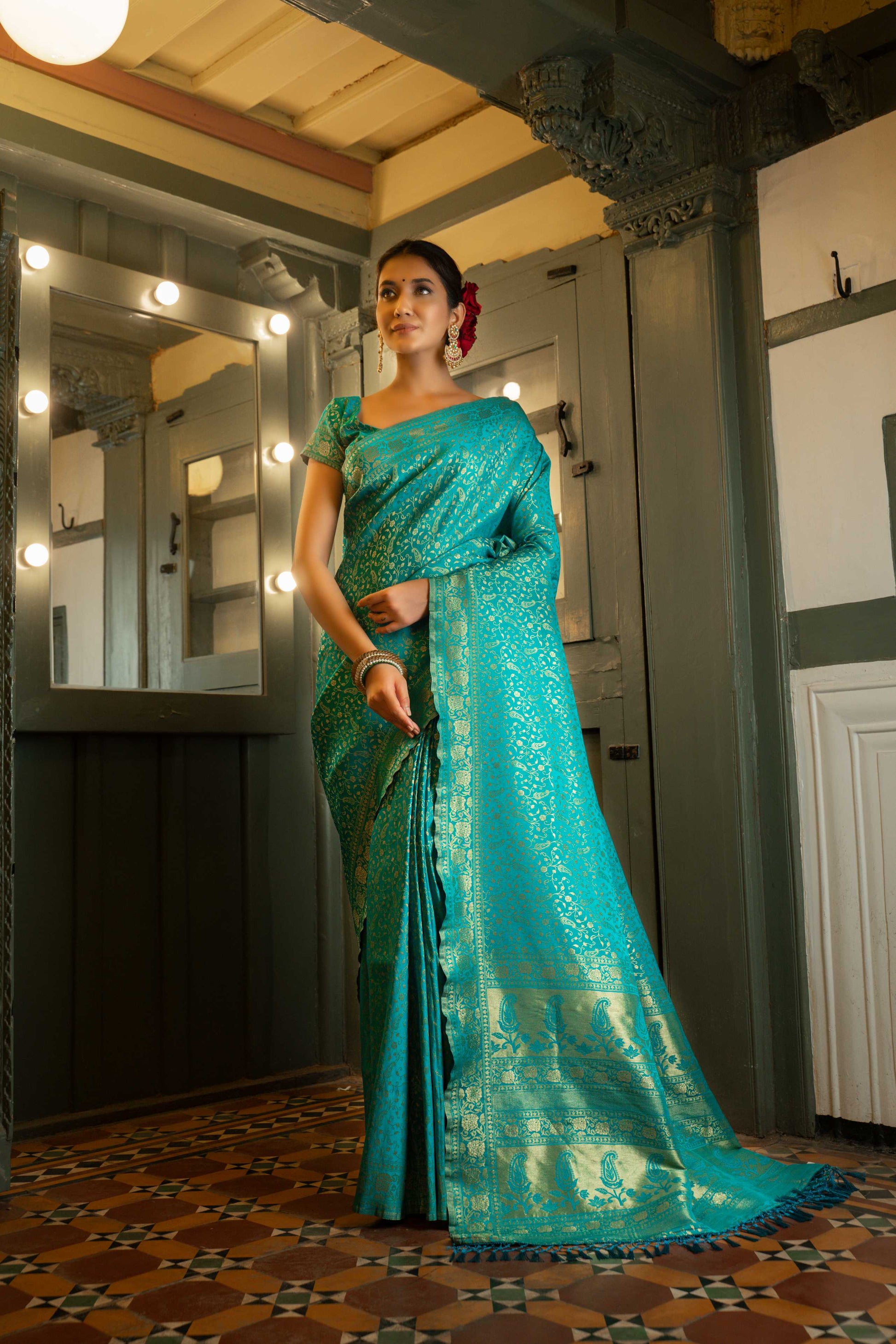 Vardha Beautiful Turquoise Blue Golden Zari Banarasi Satin Silk Saree | Swadesiicart