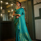 Vardha Beautiful Turquoise Blue Golden Zari Banarasi Satin Silk Saree | Swadesiicart