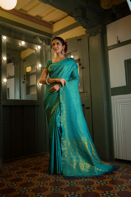 Vardha Beautiful Turquoise Blue Golden Zari Banarasi Satin Silk Saree | Swadesiicart