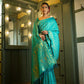 Vardha Beautiful Turquoise Blue Golden Zari Banarasi Satin Silk Saree | Swadesiicart