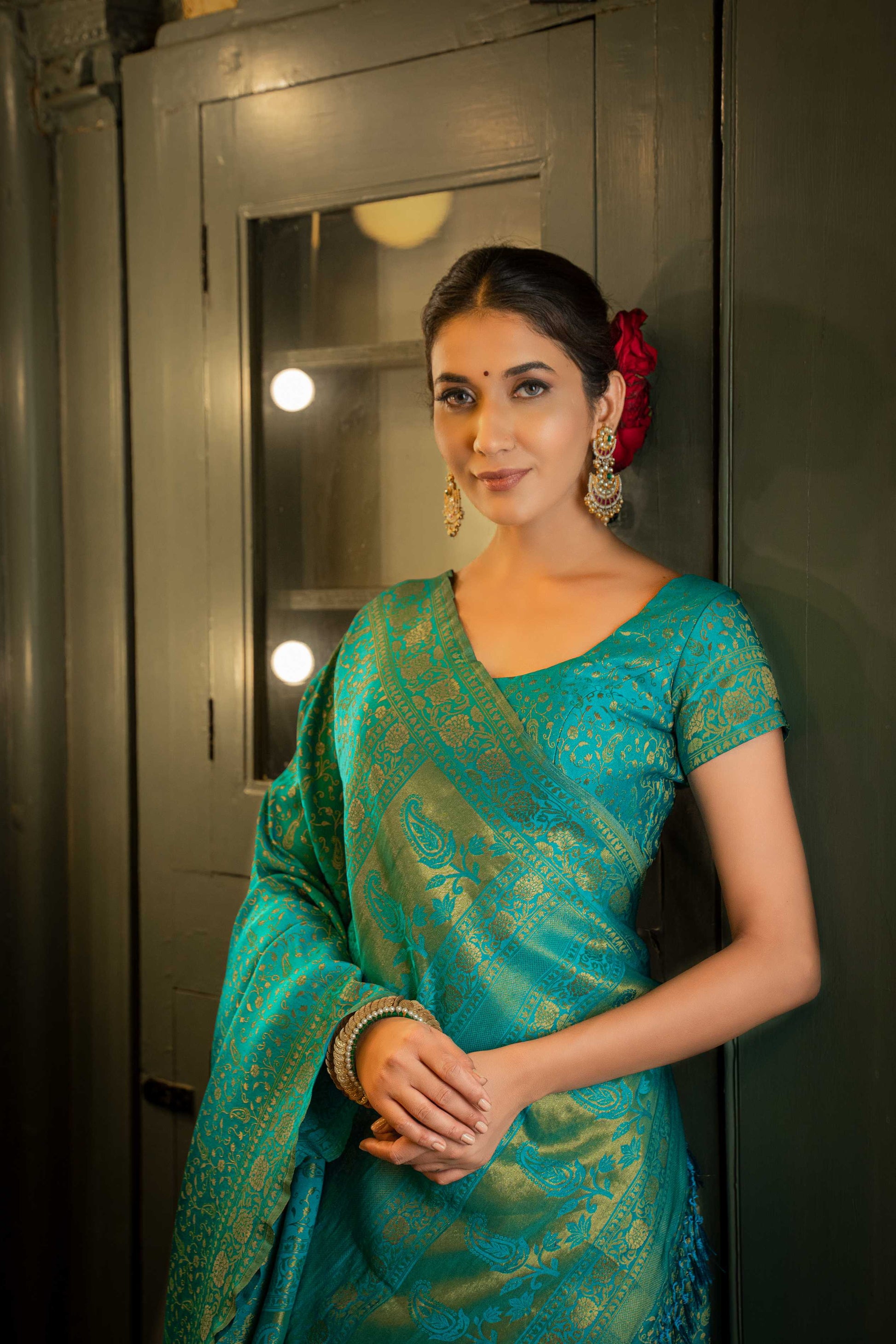 Vardha Beautiful Turquoise Blue Golden Zari Banarasi Satin Silk Saree | Swadesiicart