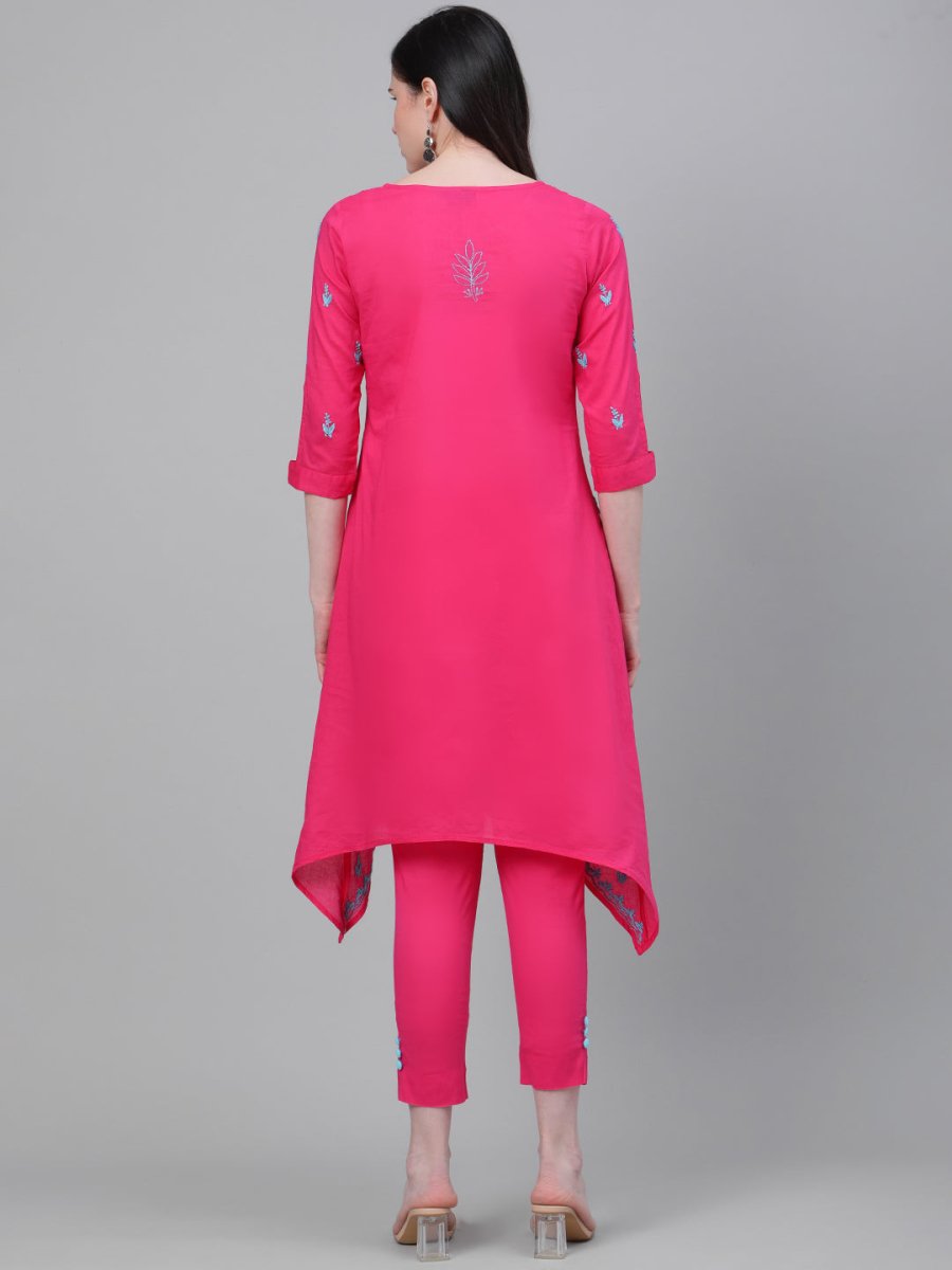 ADA Women Pink & Blue Chikankari Embroidered Cotton Handloom Kurta with Trousers | Swadesiicart