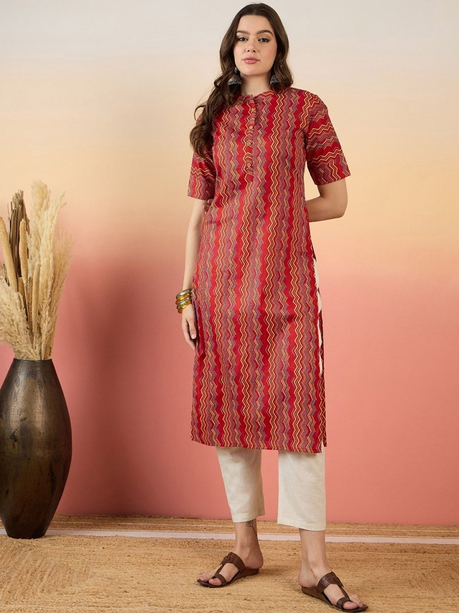 Anouk Red Chevron Printed Mandarin Collar Short Sleeves Cotton Kurta - Swadesiicart