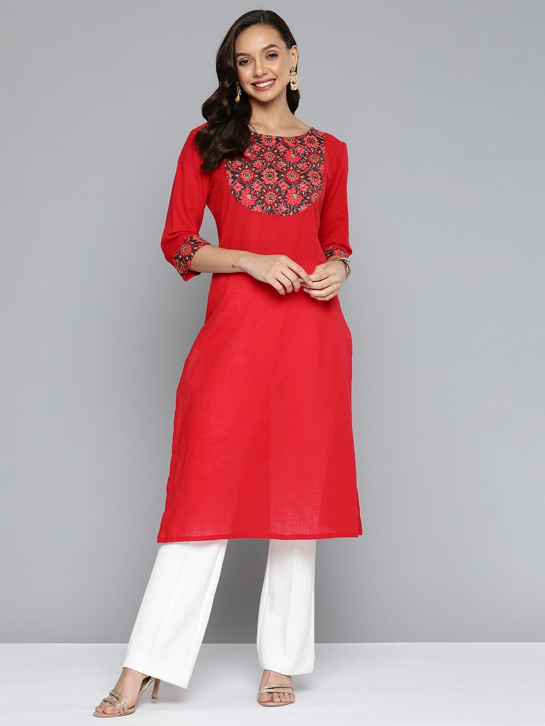 HERE&NOW Women Red & Black Yoke Design Pure Cotton Kurta - Swadesiicart
