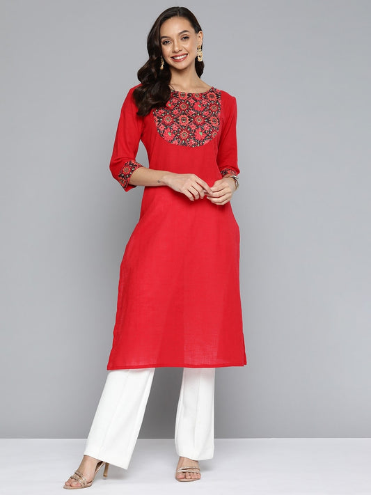 HERE&NOW Women Red & Black Yoke Design Pure Cotton Kurta - Swadesiicart