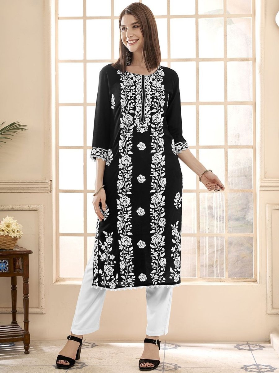 Anouk Floral Embroidered Round Neck Chikankari Straight Kurta | Swadesiicart