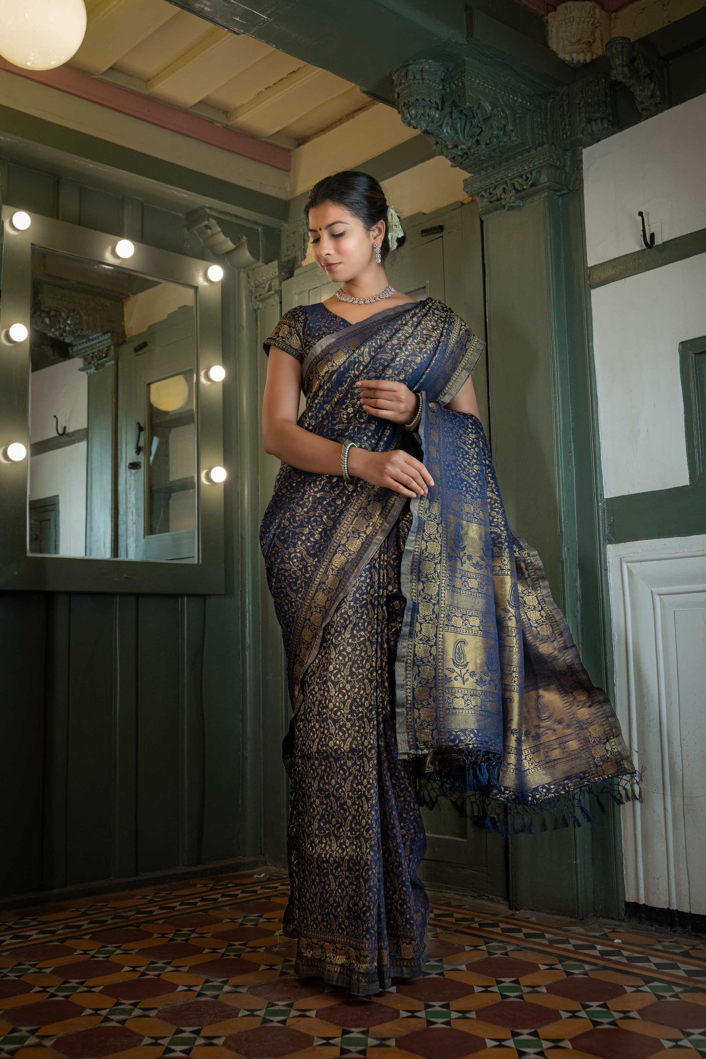 Vardha Midnight Blue Golden Zari Banarasi Satin Silk Saree | Swadesiicart