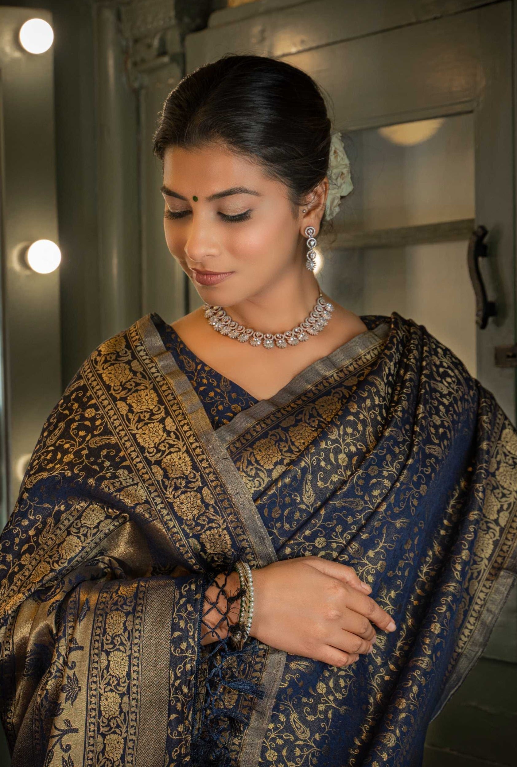 Vardha Midnight Blue Golden Zari Banarasi Satin Silk Saree | Swadesiicart