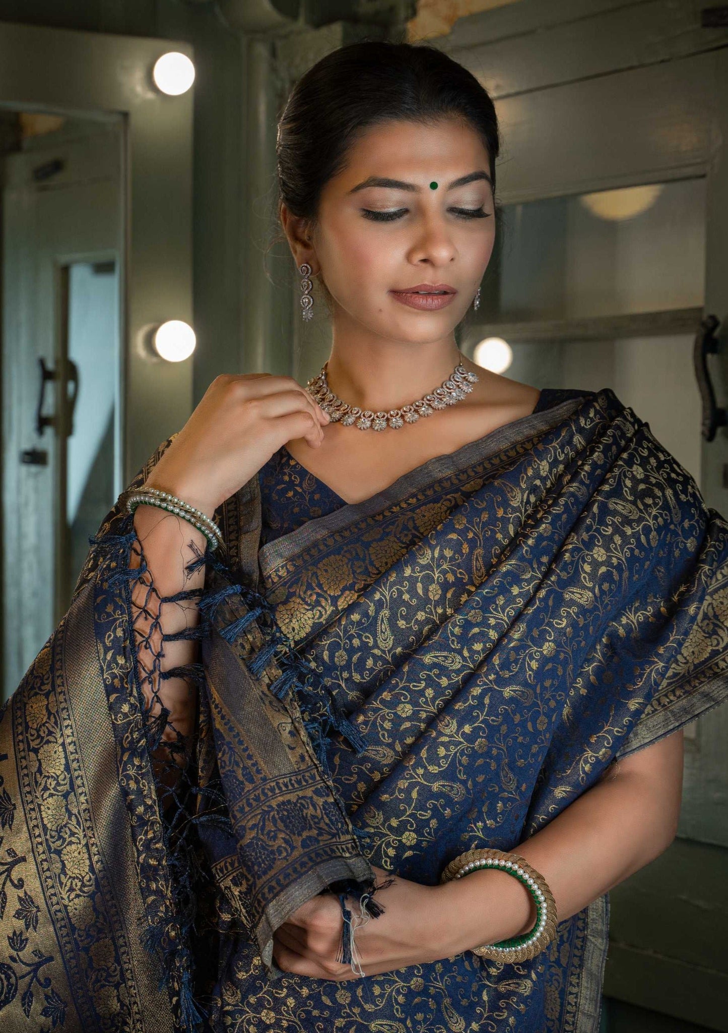 Vardha Midnight Blue Golden Zari Banarasi Satin Silk Saree | Swadesiicart