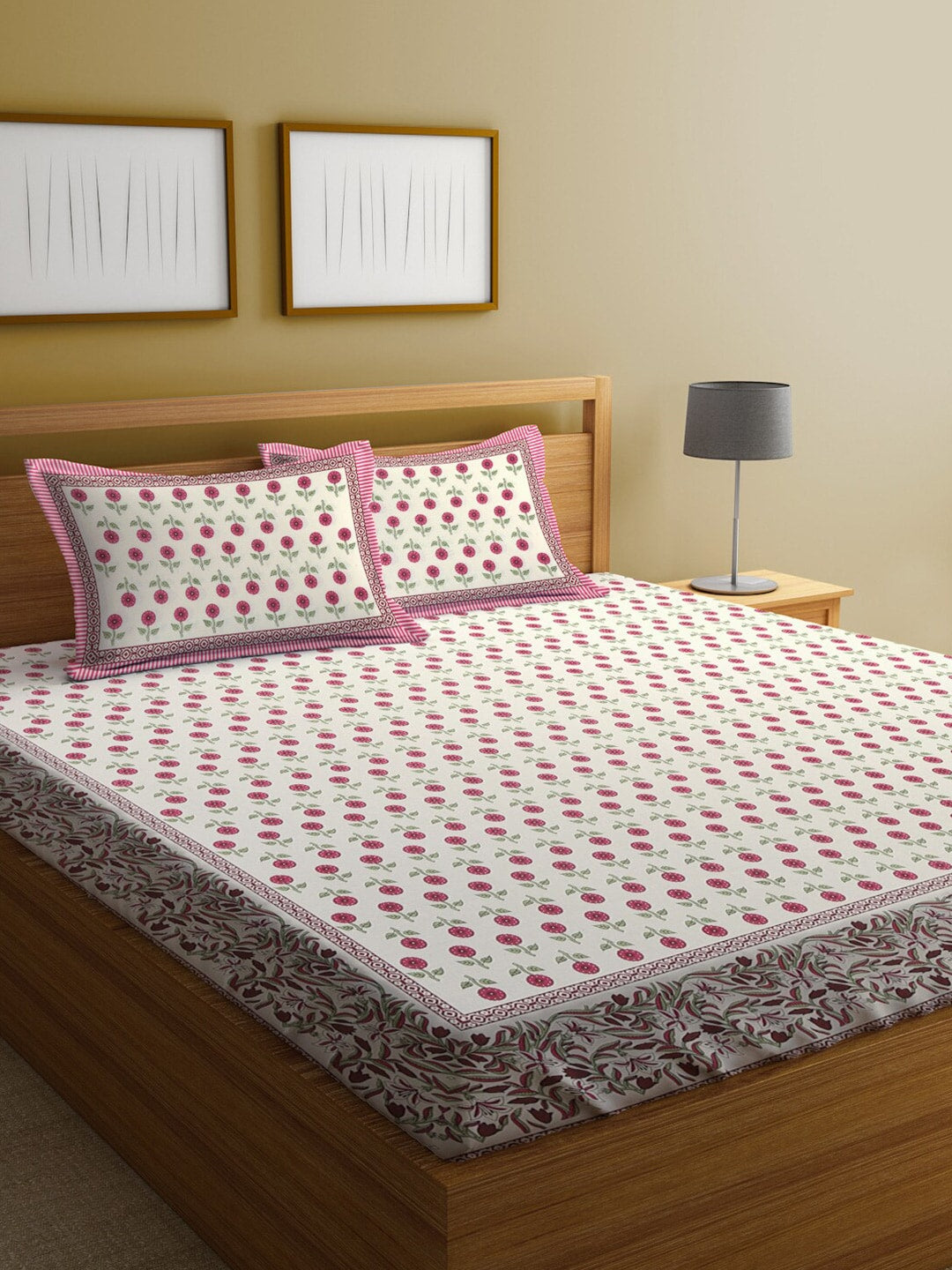 Rajasthan Decor White & Pink Ethnic Motifs 144 TC King Bedsheet with 2 Pillow Covers - Swadesiicart
