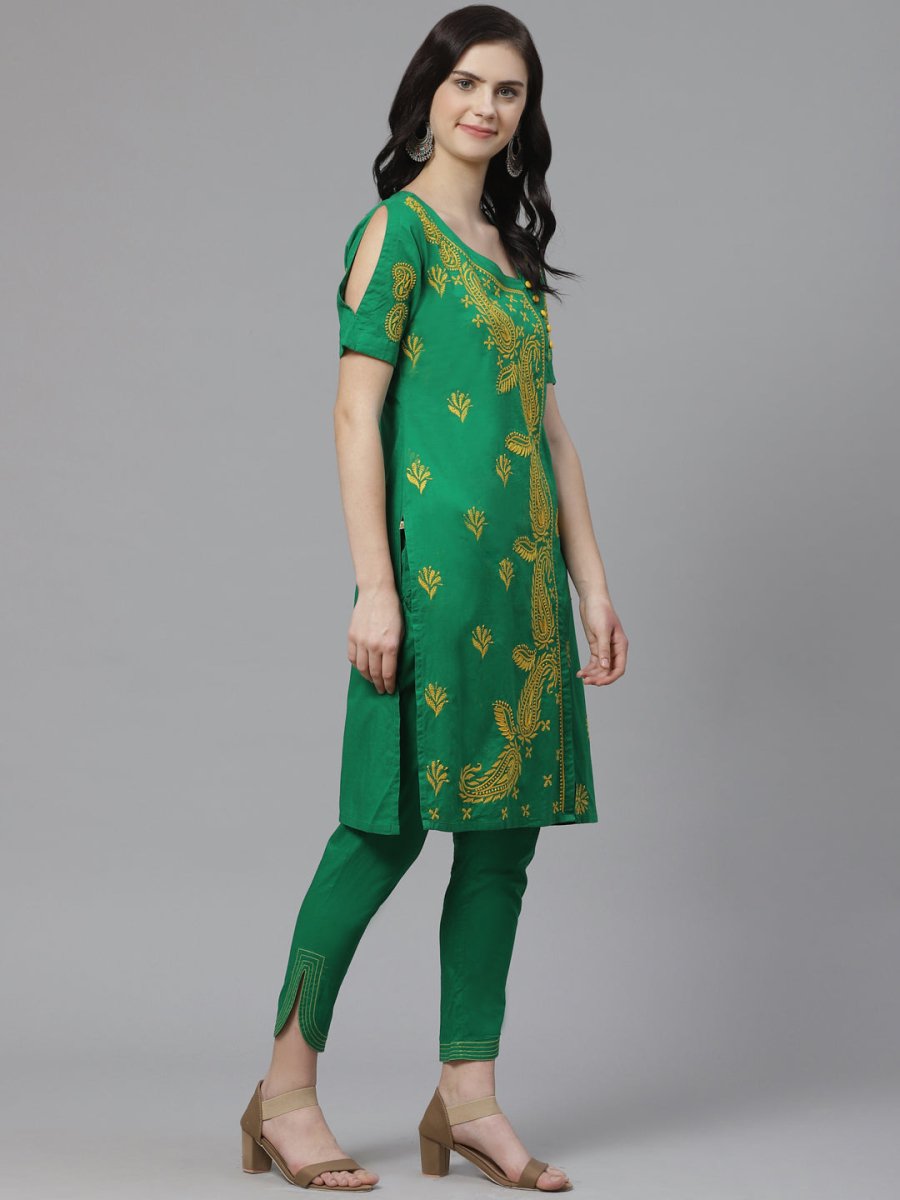 ADA Women Green & Yellow Paisley Chikankari Embroidered Sustainable Handloom Kurta with Trousers | Swadesiicart
