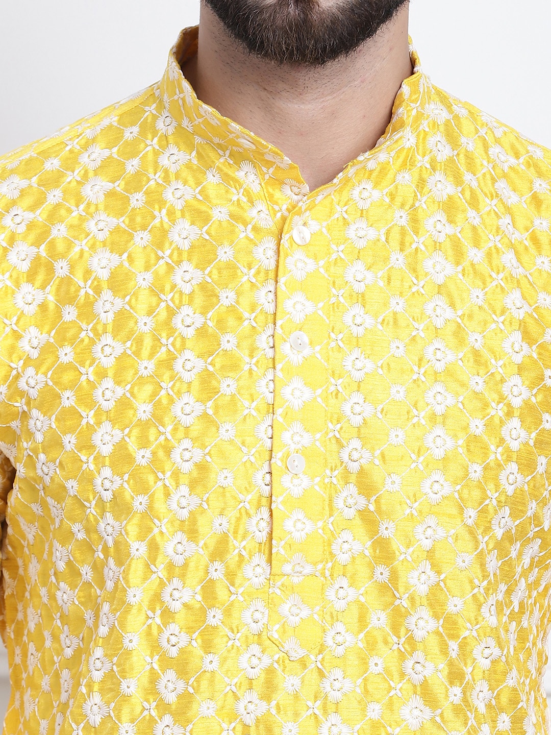 Sojanya Men Yellow & White Ethnic Motifs Embroidered Straight Kurta | Swadesiicart