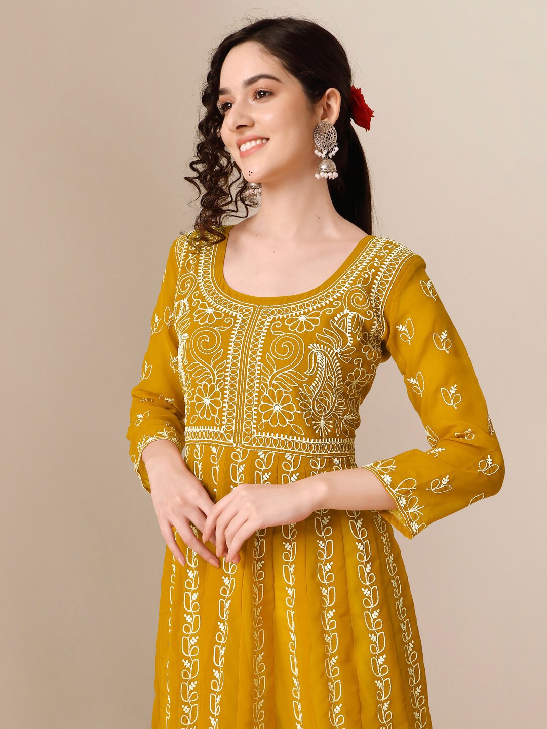 HERE&NOW Ethnic Motifs Embroidered Chikankari Georgette Anarkali Kurta | Swadesiicart