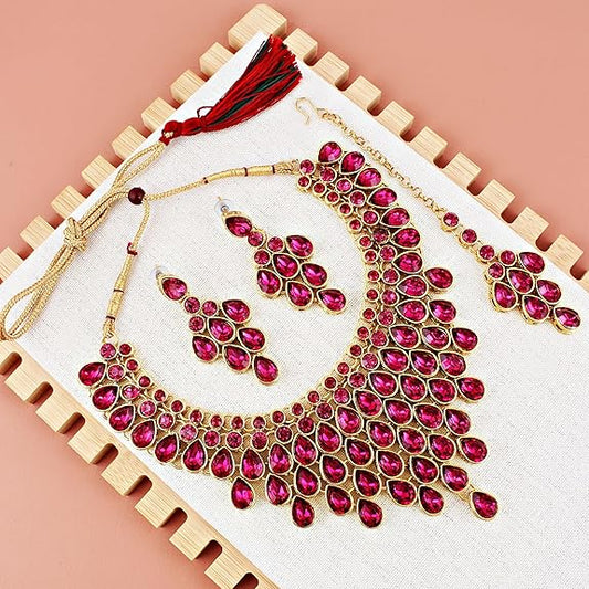 Tehzeeb Creations Designer Gold-Polished Elegant Stone Necklace Set For Women & Girls - Swadesiicart