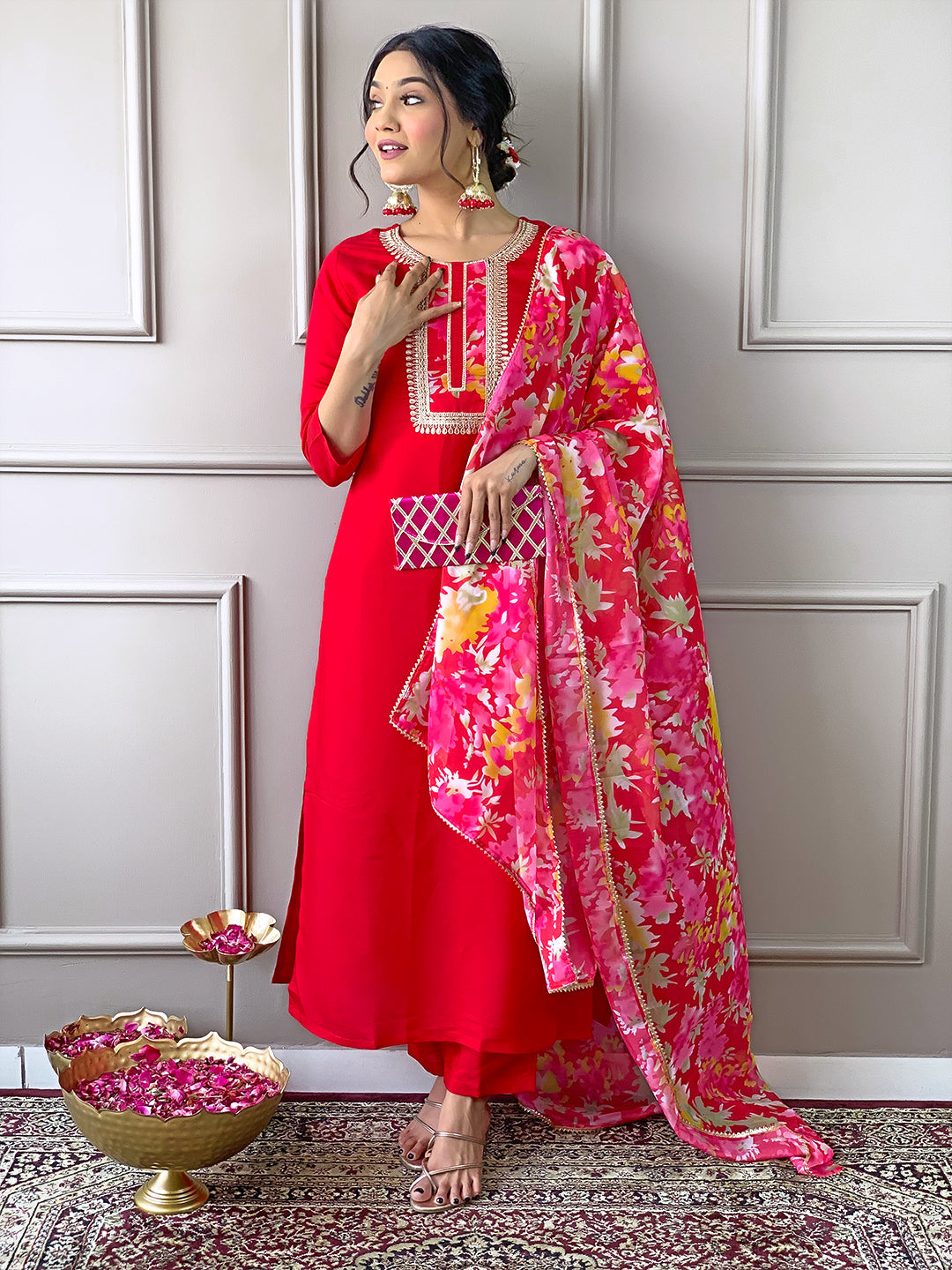 The52 Women's Rayon Fabric Straight Kurta, Pant and Dupatta Set - Swadesiicart