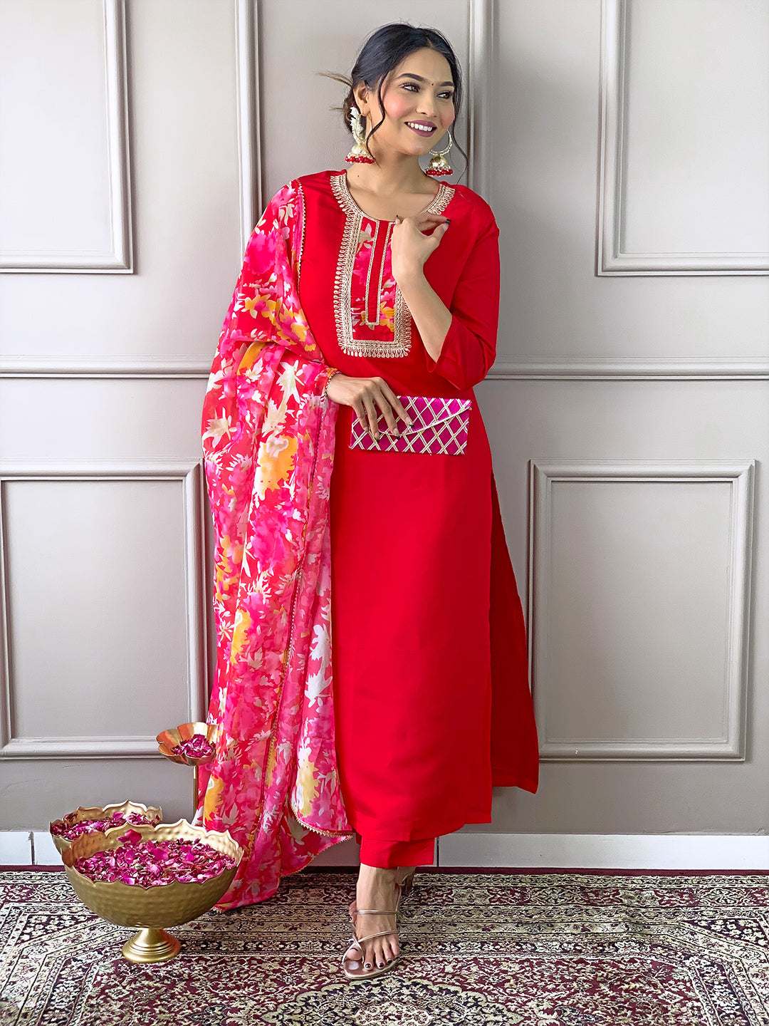 The52 Women's Rayon Fabric Straight Kurta, Pant and Dupatta Set - Swadesiicart