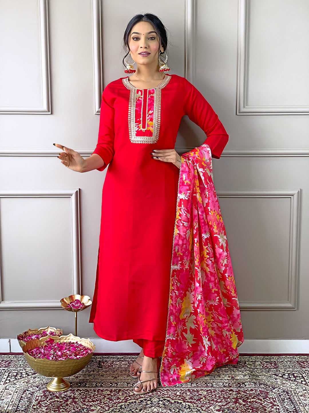 The52 Women's Rayon Fabric Straight Kurta, Pant and Dupatta Set - Swadesiicart