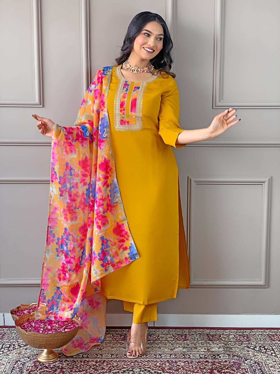 The52 Women's Rayon Fabric Straight Kurta, Pant and Dupatta Set - Swadesiicart
