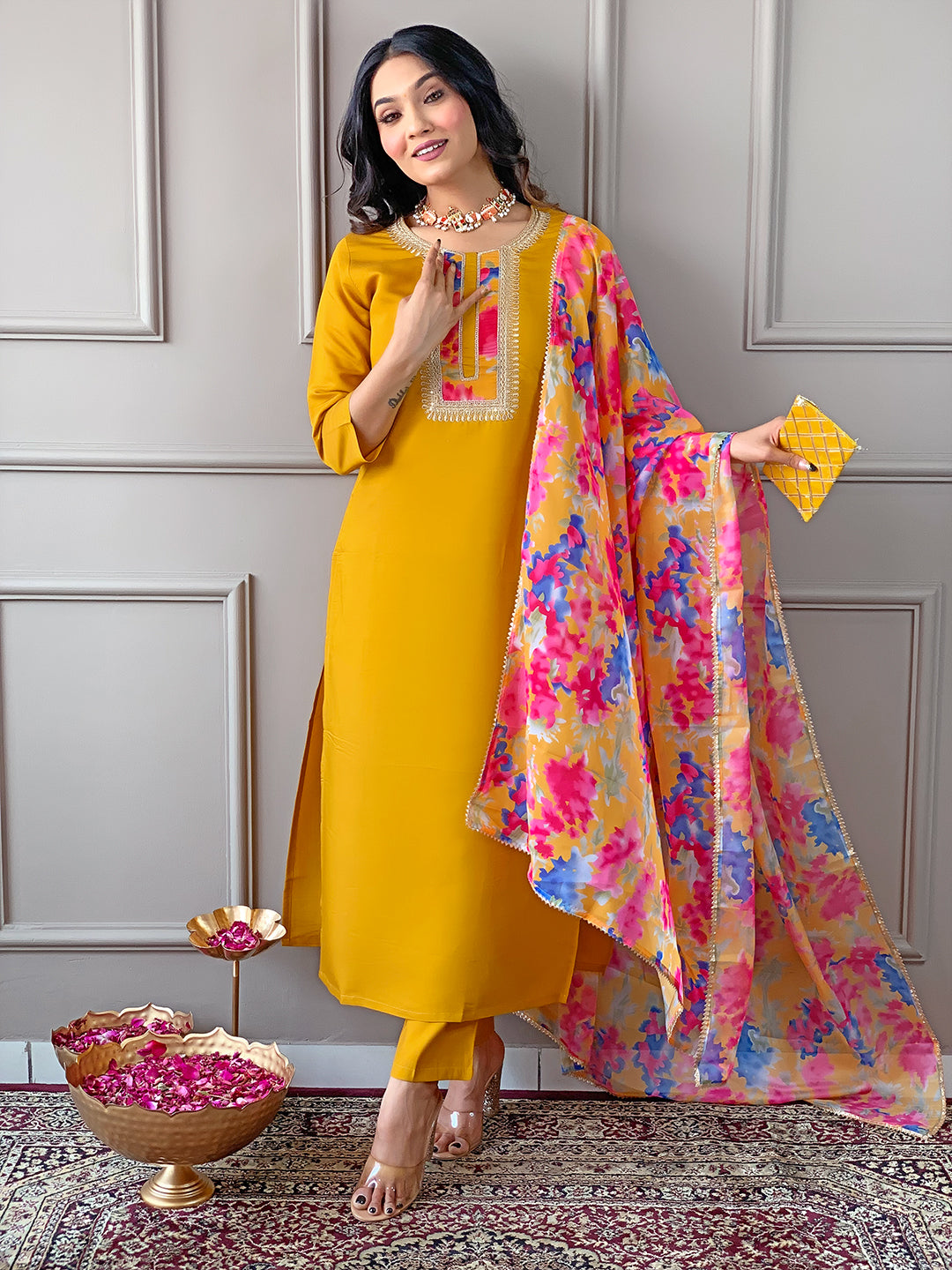 The52 Women's Rayon Fabric Straight Kurta, Pant and Dupatta Set - Swadesiicart