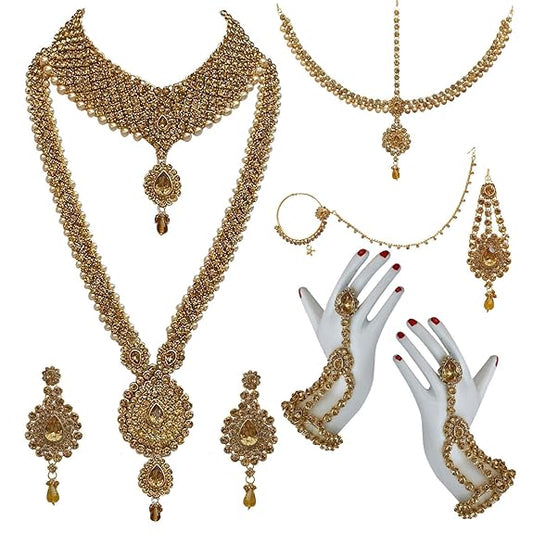 Tehzeeb Creations Bridal Dulhan Designer Gold-Polished Gold Color Pearl Stone Set 9 pcs. for Women & Girls - Swadesiicart