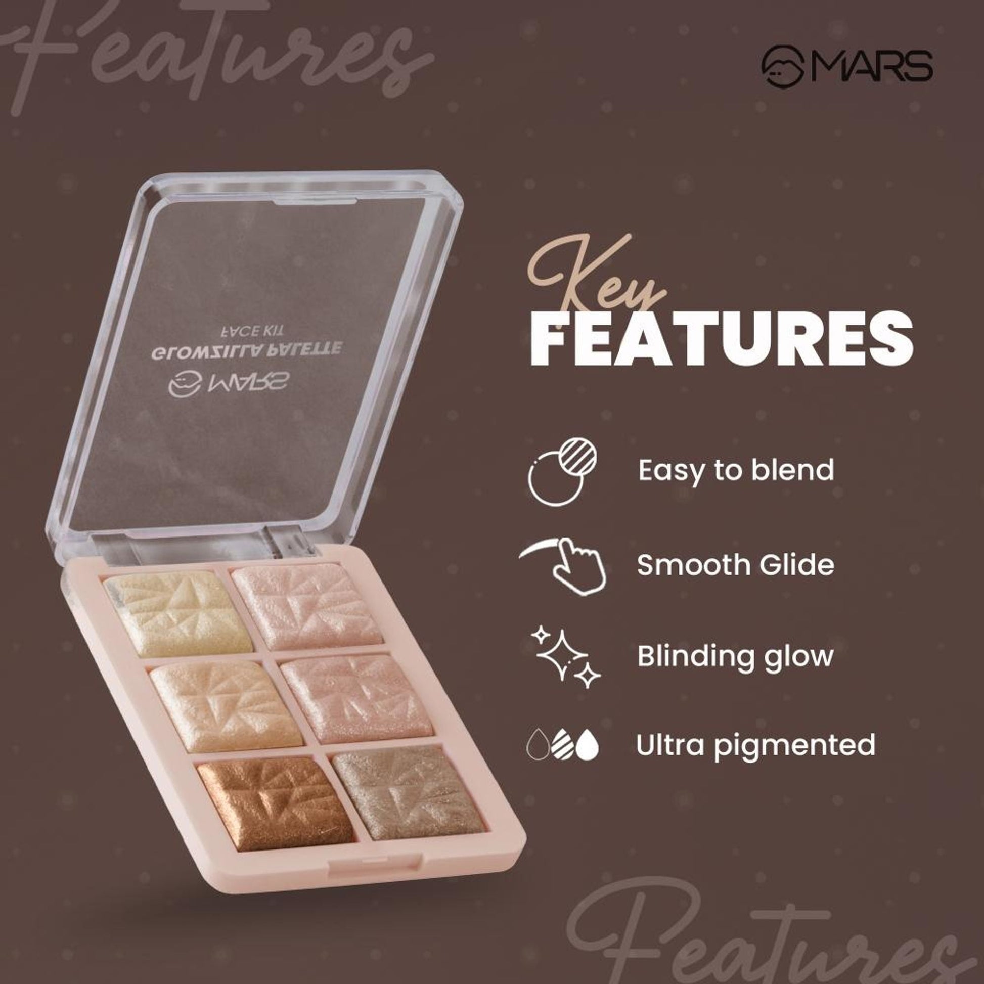 MARS Cosmetics Glowzilla 6 Shade Face Highlighter Palette - 03 - Swadesiicart