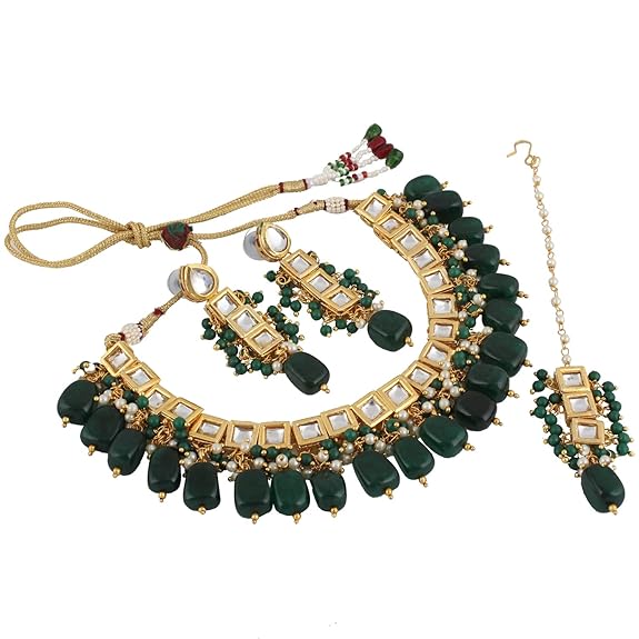 Tehzeeb Creations Back Meenakari Gold-Polished Square Shape Tika Earring Jewellery Set Uncut Kundan Big Faux Kundan Dibbi Kundan Choker Necklace Set | Swadesiicart