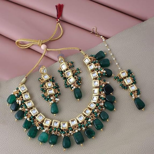 Tehzeeb Creations Back Meenakari Gold-Polished Square Shape Tika Earring Jewellery Set Uncut Kundan Big Faux Kundan Dibbi Kundan Choker Necklace Set | Swadesiicart