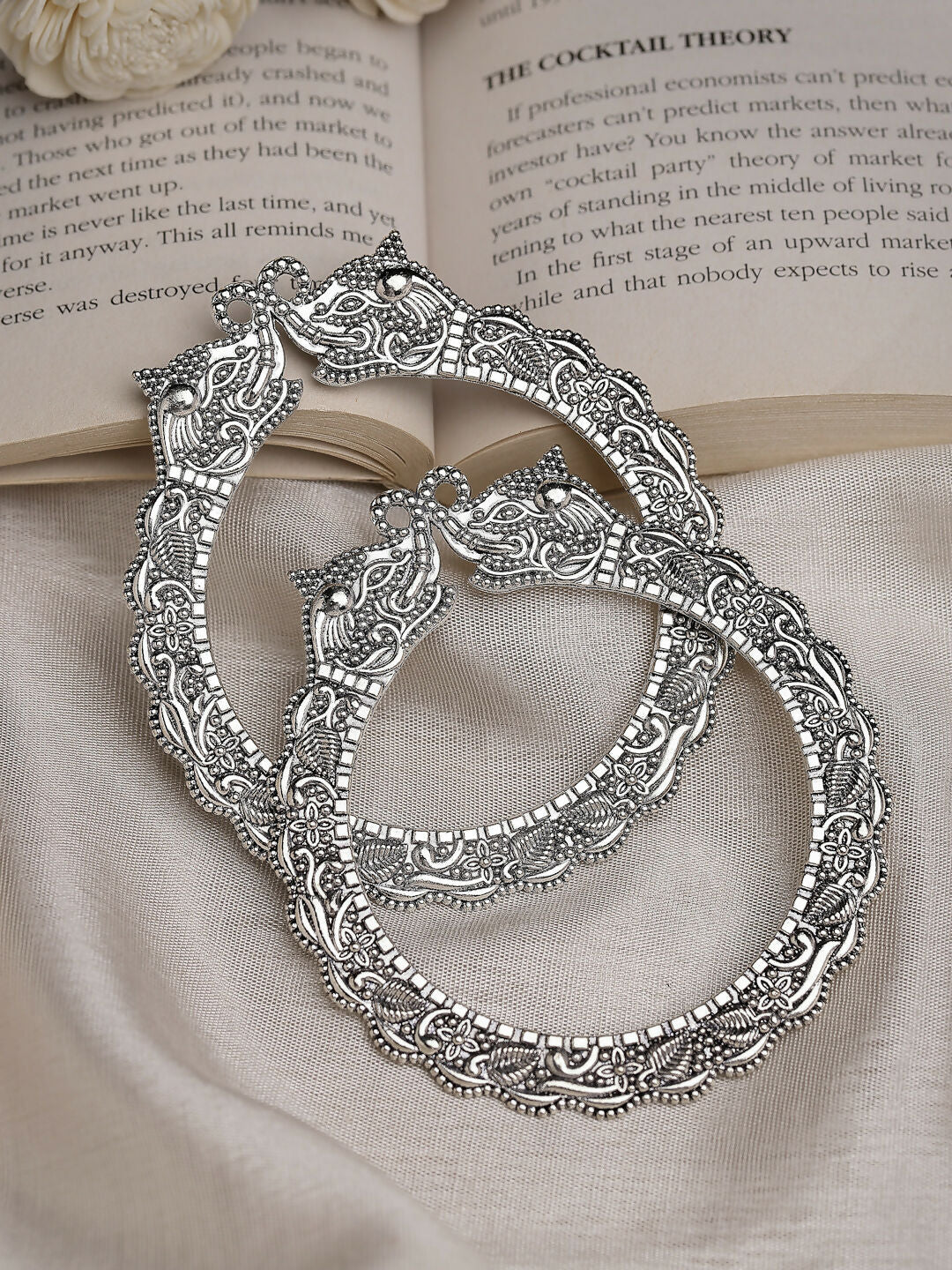 NVR Women's Set of 2 Silver-Toned German Silve Oxidised Elephant Design Handcrafted Bangles - Swadesiicart