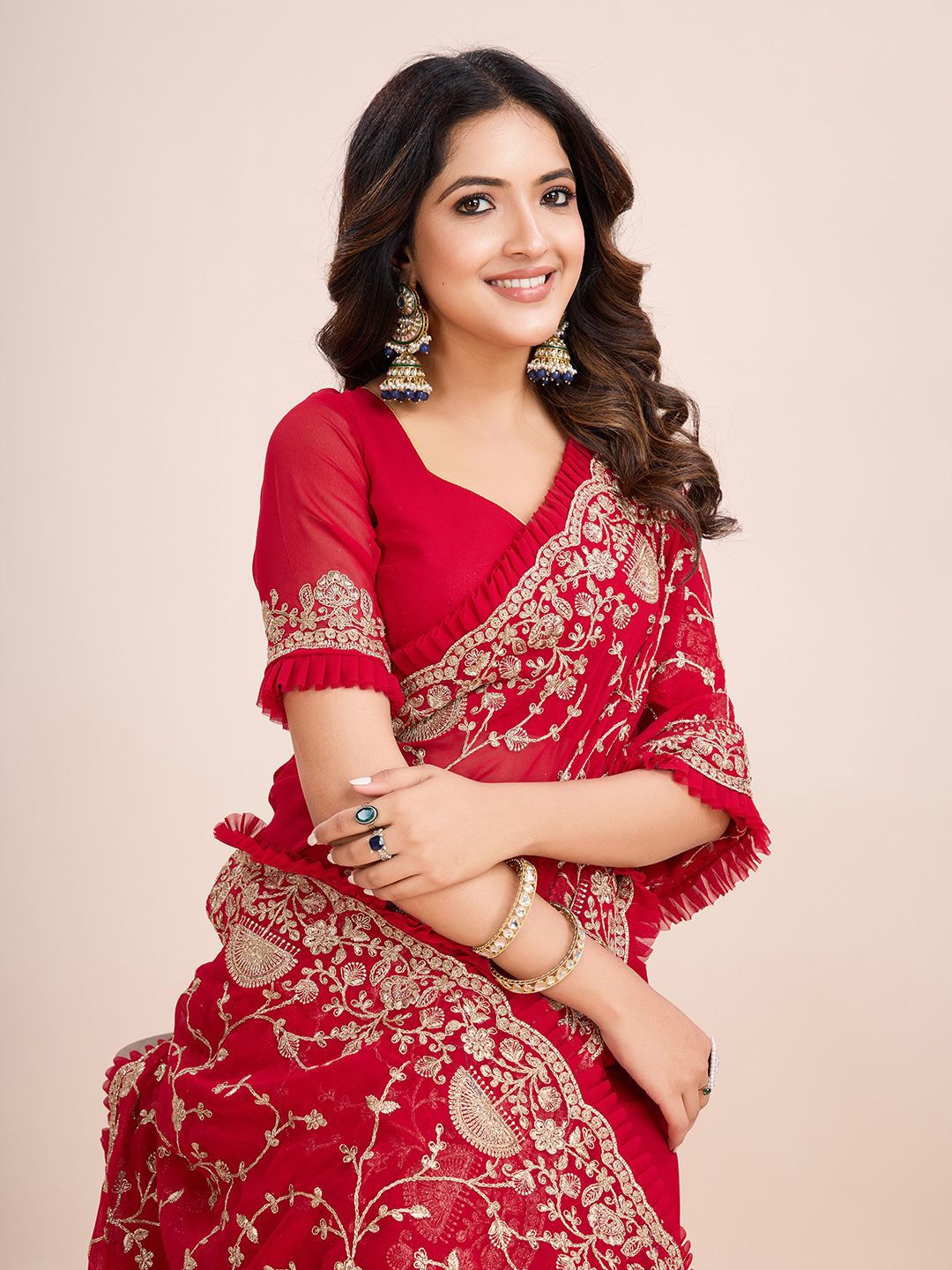 kasee Floral Embroidered Pure Georgette Ready to Wear Saree | Swadesiicart