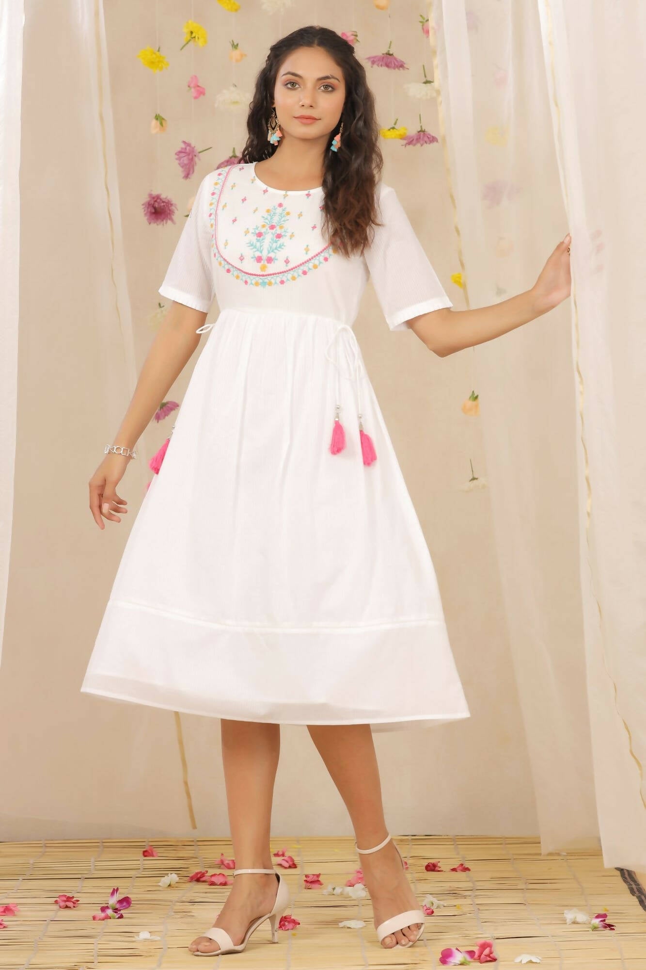 Juniper Women White Cotton Dobby Embroidered A-Line Dress | Swadesiicart