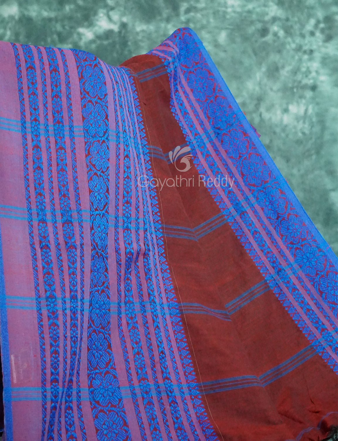 Maroon And Blue Colour Contrast Thread Borders Khadi Cotton Saree By Gayathri Reddy Designer Studio | Swadesiicart