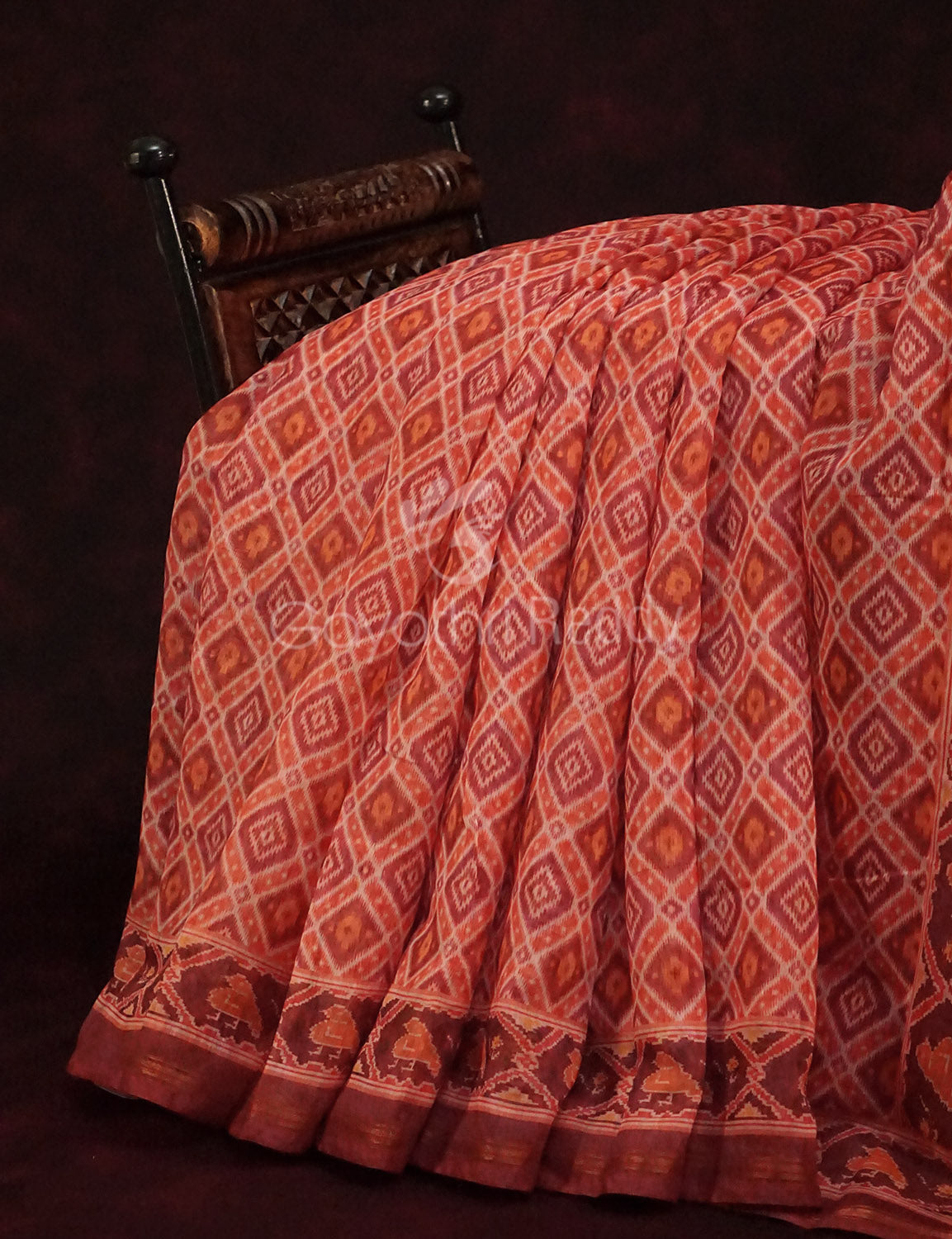 Peachish Orange Diamond Printed Semi Chanderi Saree By Gayathri Reddy Designer Studio | Swadesiicart