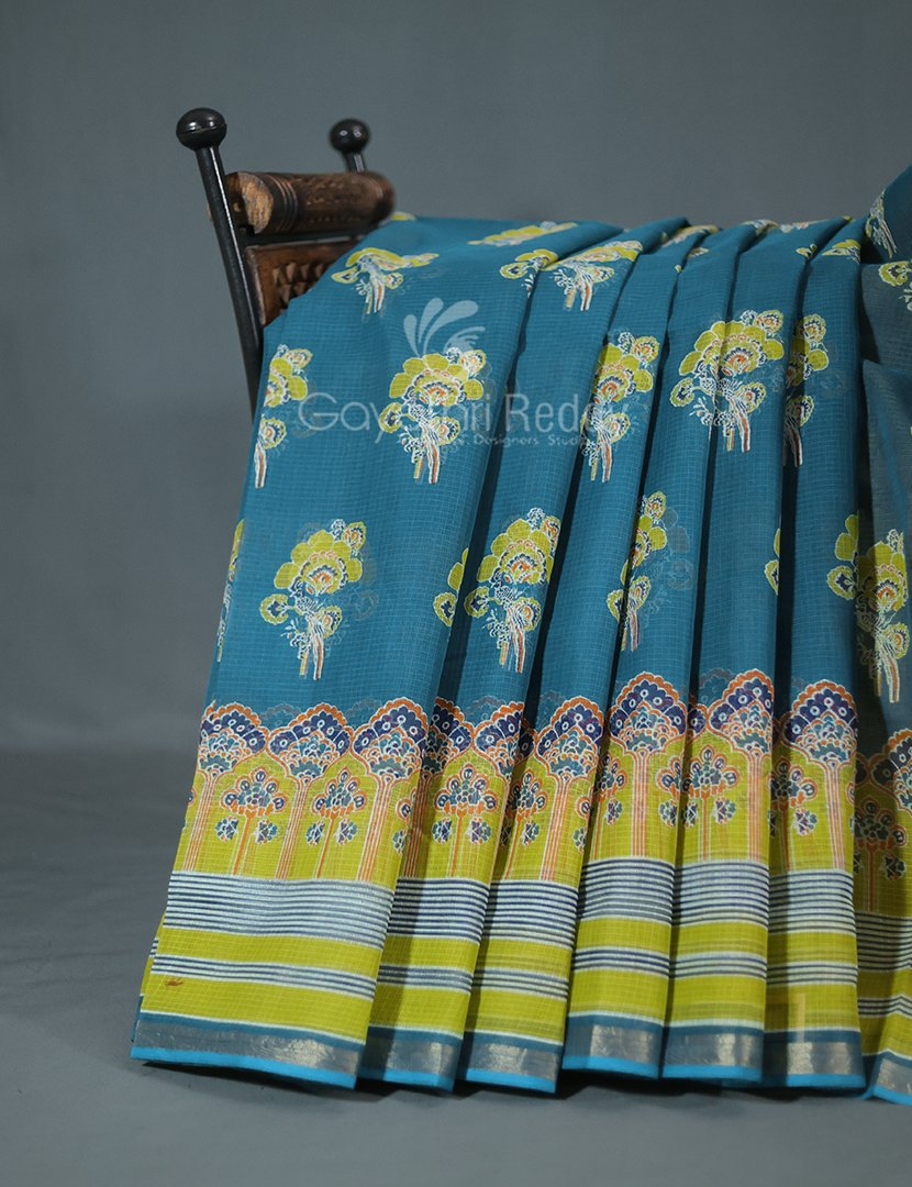 Shades of Peacock Blue With Block Design Pure Kota Cotton Saree By Gayathri Reddy Designer Studio | Swadesiicart