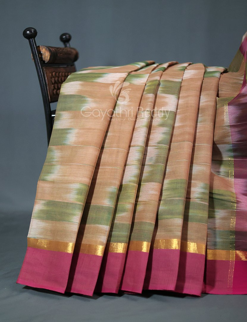 Dual Shades of Mustard And Pink Mangalagiri Ikkat Cotton Saree By Gayathri Reddy Designer Studio | Swadesiicart