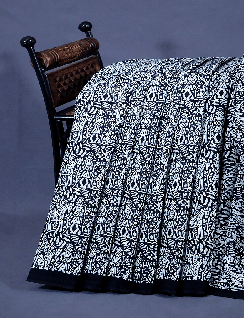 White And Black Combo Block Print Pure Mulmul Cotton Saree By Gayathri Reddy Designer Studio | Swadesiicart