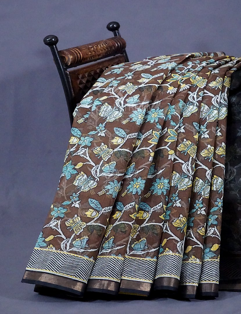 Black And Brown Colour Block Print Pure Kota Cotton Saree By Gayathri Reddy Designer Studio | Swadesiicart