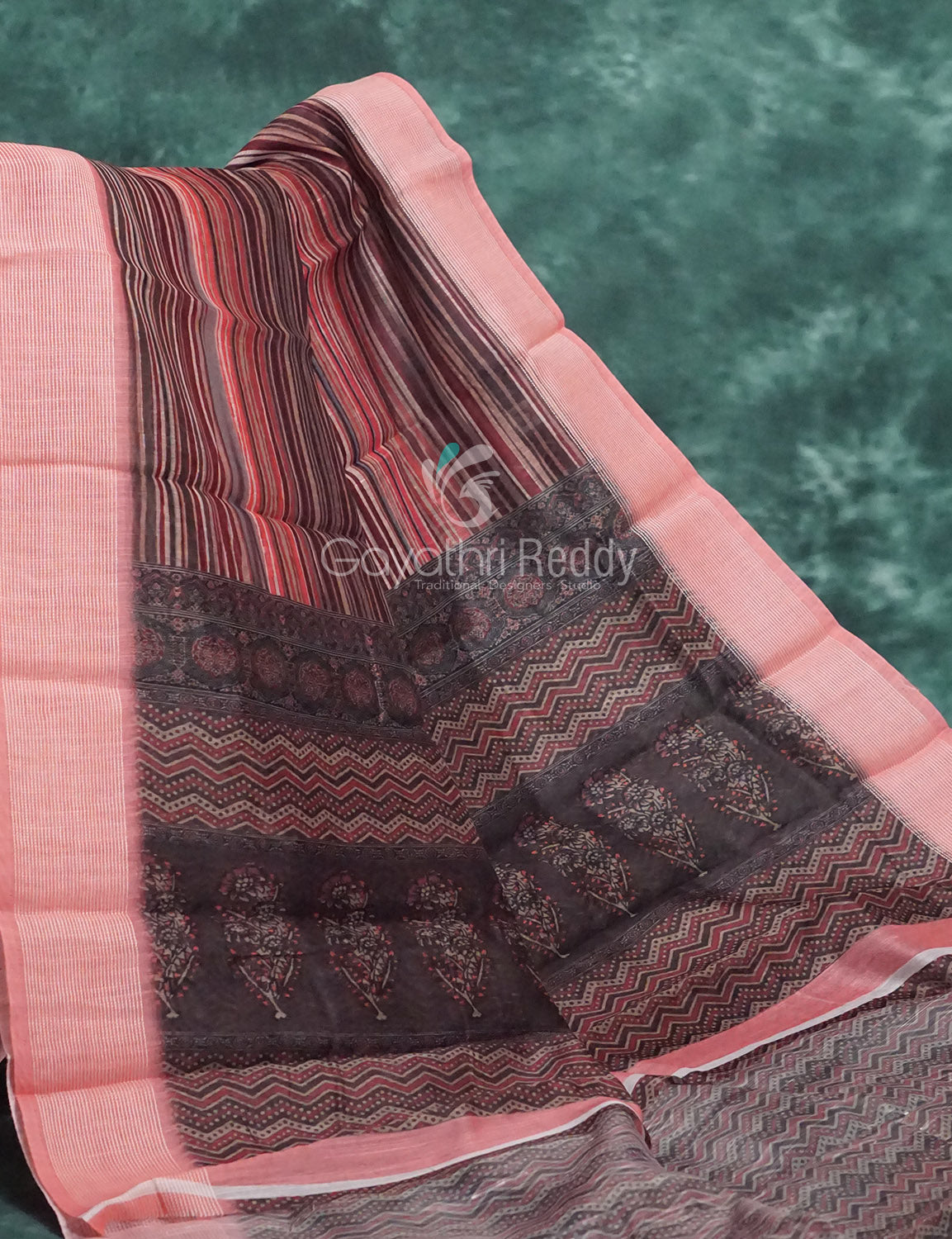 Peach And Brown Colour With Geometrical Print Semi Chanderi Saree. By Gayathri Reddy Designer Studio | Swadesiicart