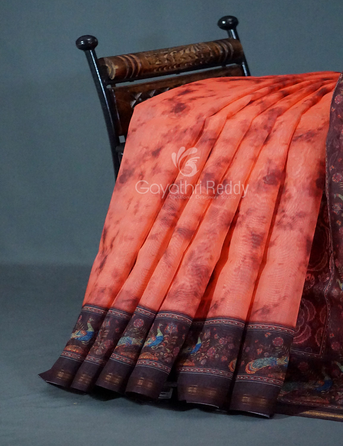 Shades of Peachish Orange Colour Shibori Print Semi Chanderi Saree By Gayathri Reddy Designer Studio | Swadesiicart