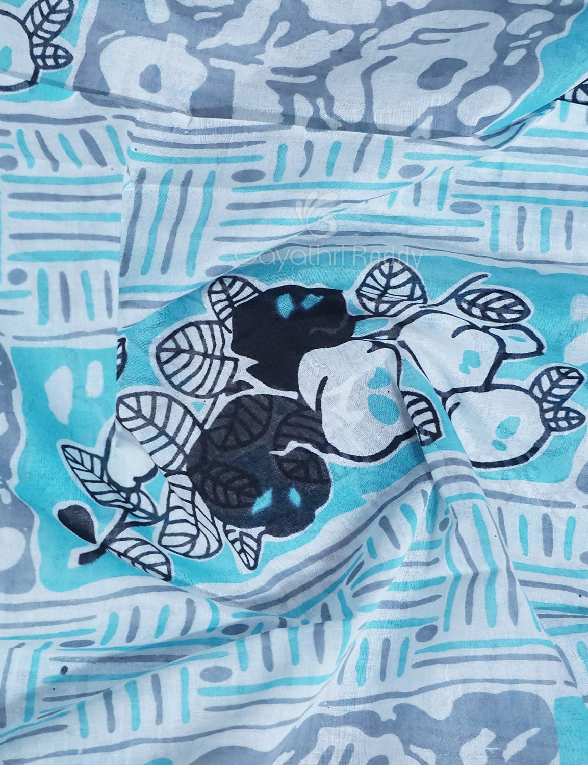 Shades of Sky Blue And Black Colour Floral Print Pure Mulmul Cotton Saree By Gayathri Reddy Designer Studio | Swadesiicart