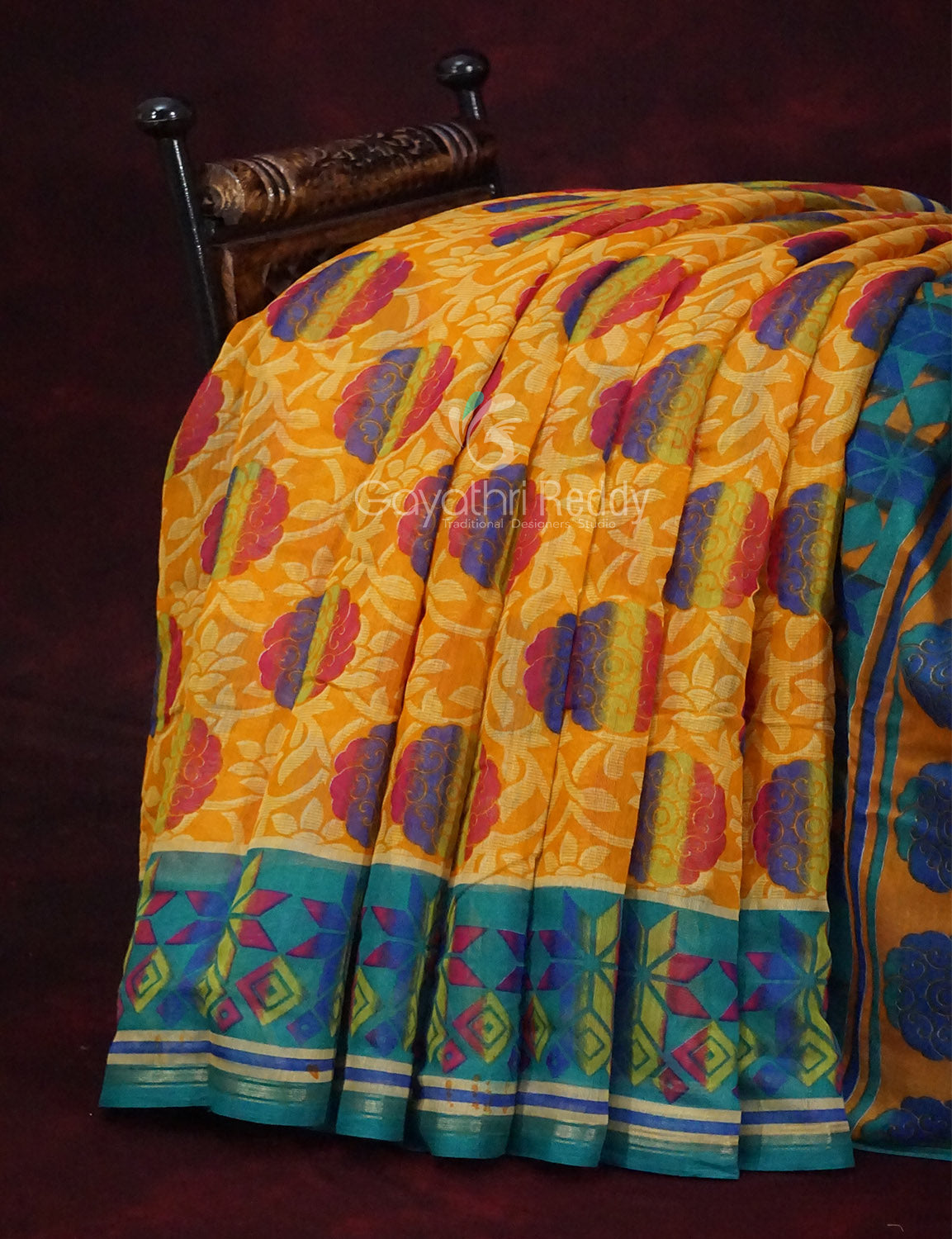 Shades of Yellow With Sea Blue Blouse Printed Semi Chanderi Saree By Gayathri Reddy Designer Studio | Swadesiicart