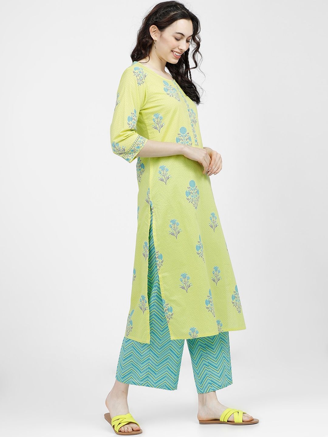 Vishudh Women Lime Green Ethnic Motifs Printed Regular Pure Cotton Kurta with Palazzos - Swadesiicart