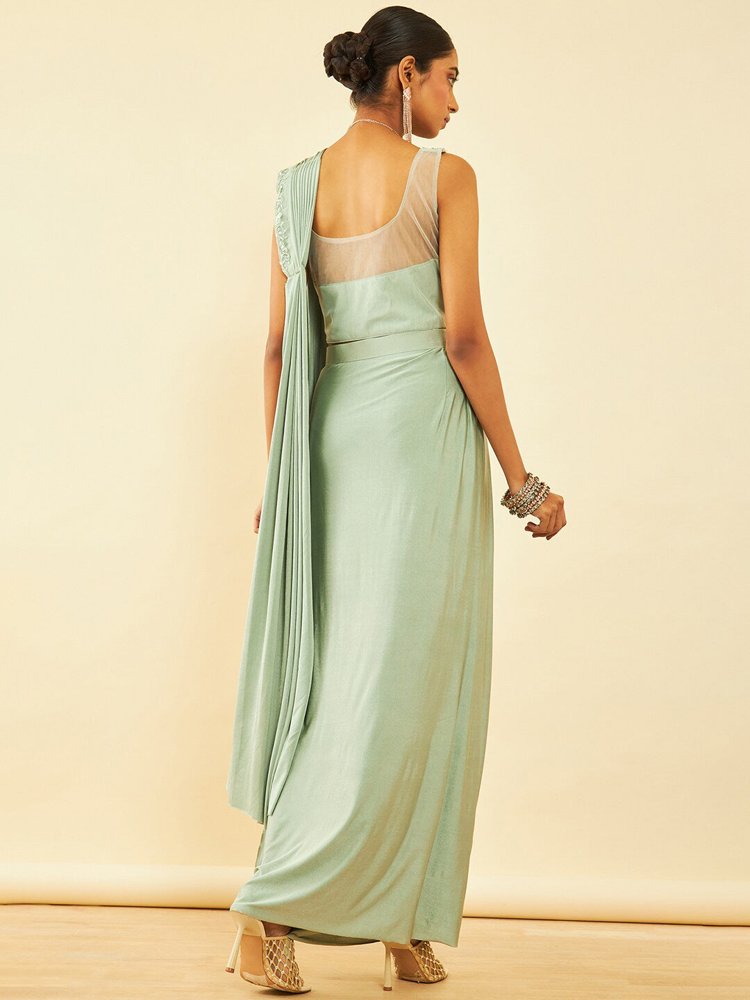 Soch Green Beads and Stones Embellished Ready to Wear Saree | Swadesiicart