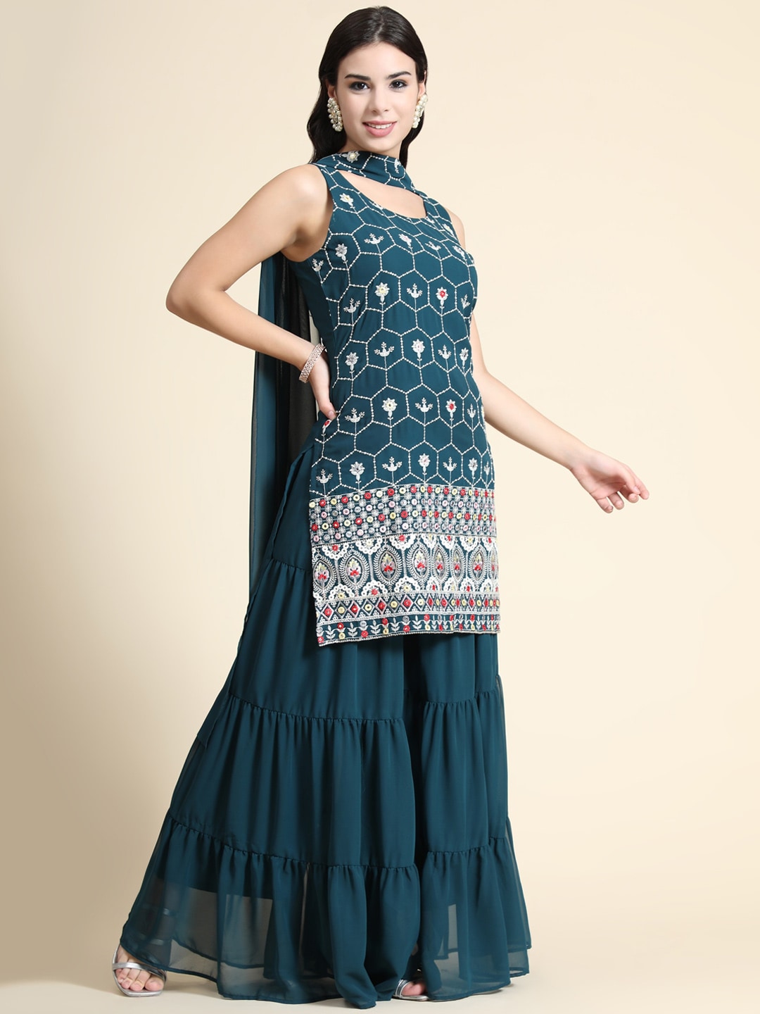 Kalini Women Teal Floral Embroidered Kurta with Sharara & Dupatta | Swadesiicart