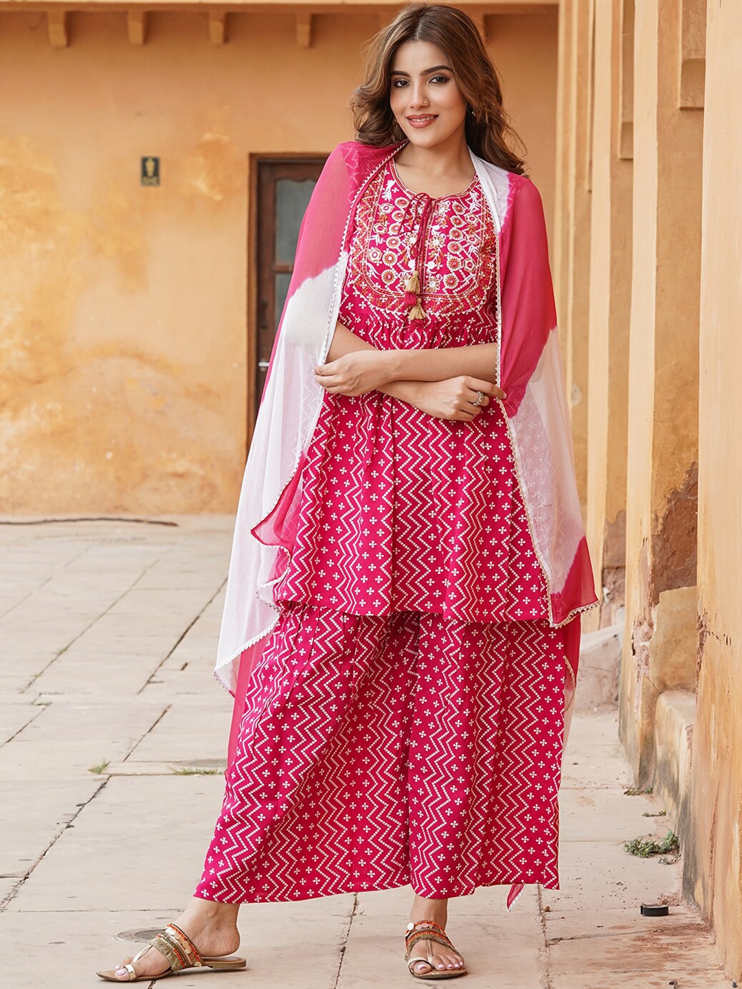 Kalini Ethnic Motifs Printed A-Line Kurta With Sharara & Dupatta | Swadesiicart