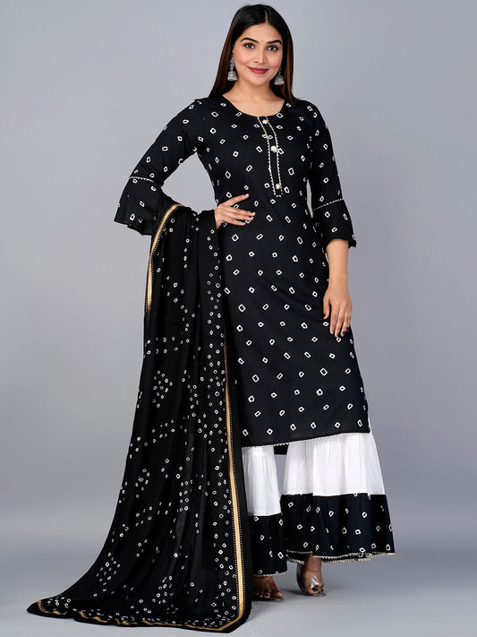 Kalini Bandhani Printed Kurta with Sharara & Dupatta - Swadesiicart