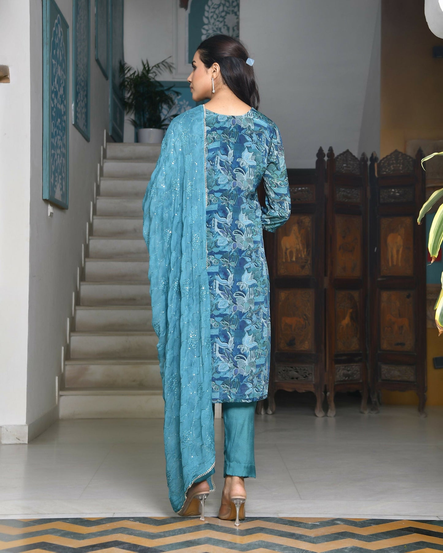 Vaasva Women's Teal Crepe Embroidered Suit Set | Swadesiicart